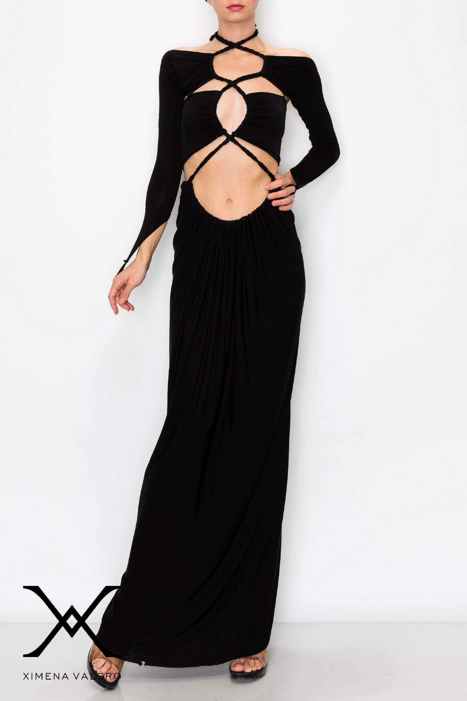 cross maxi dress Dildar Black Cross Front Maxi Dress with Lace Panels
